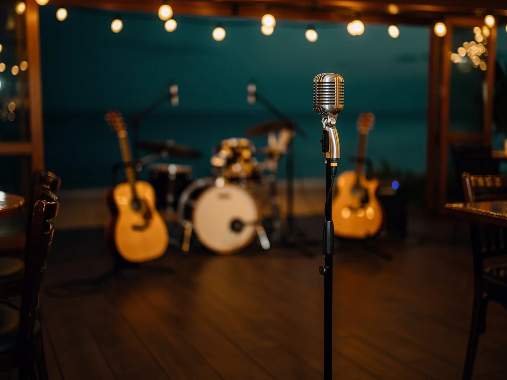 Canlı müzik için hazırlanmış mikrofon, gitar ve davul sahnesi